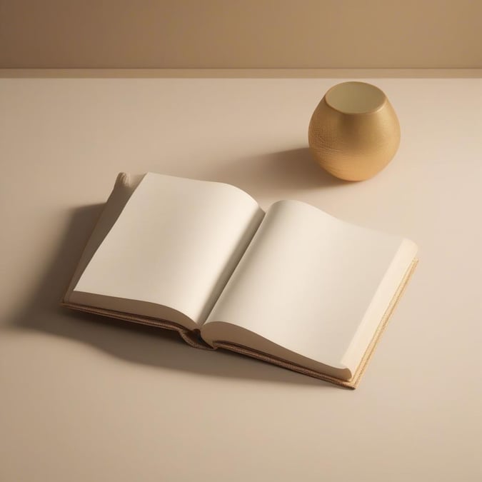 A clean and simple wallpaper with an open book and a small, round, gold object on a beige background.