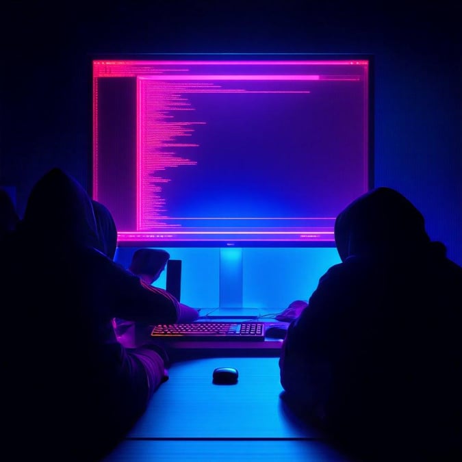 Two individuals immersed in the digital realm, their focus intense as they delve into the glowing screens before them. The neon light casts a futuristic vibe over the room, illuminating their workspace with an otherworldly hue.