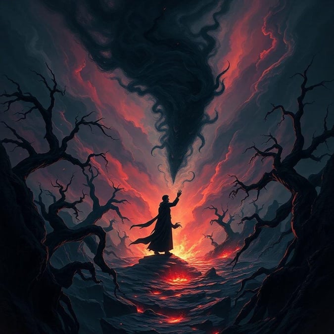 A mystical figure stands on the edge of a fiery sea, holding out their hand towards an ominous storm cloud. The backdrop is painted in hues of red and orange, reminiscent of a sunset, with dark branches reaching upwards as if yearning for the sky.