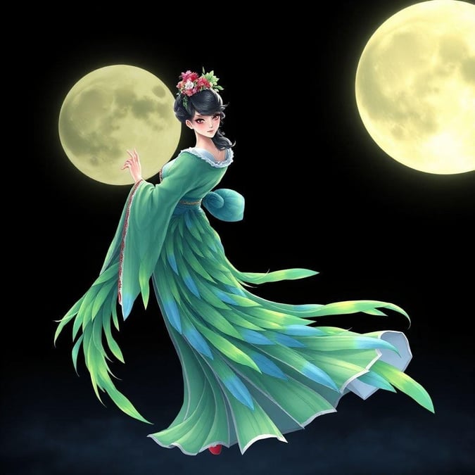 A serene and captivating digital illustration of a geisha dancing under the light of a full moon, showcasing her elegant pose and the contrast between her vibrant feathers and the dark background.