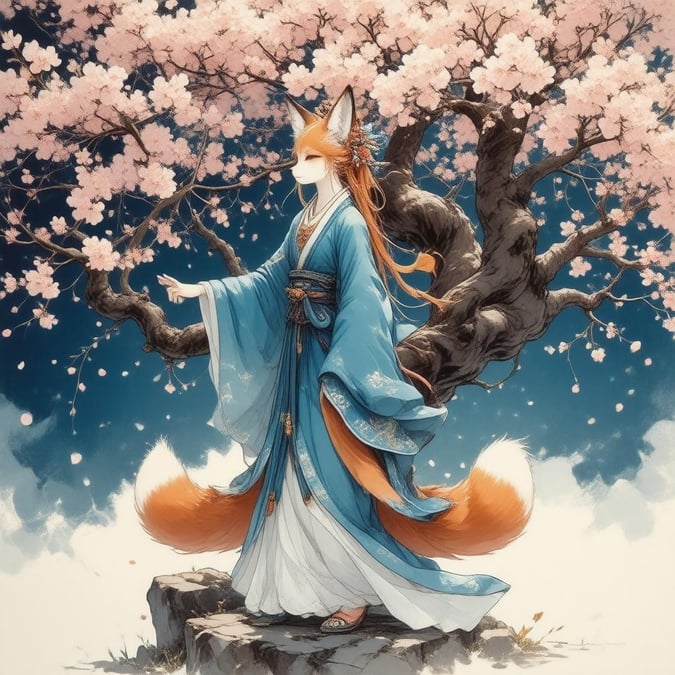 Immerse yourself in the serene beauty of this anime-style illustration, featuring a fox goddess amidst a stunning cherry blossom tree, set against a deep blue backdrop.