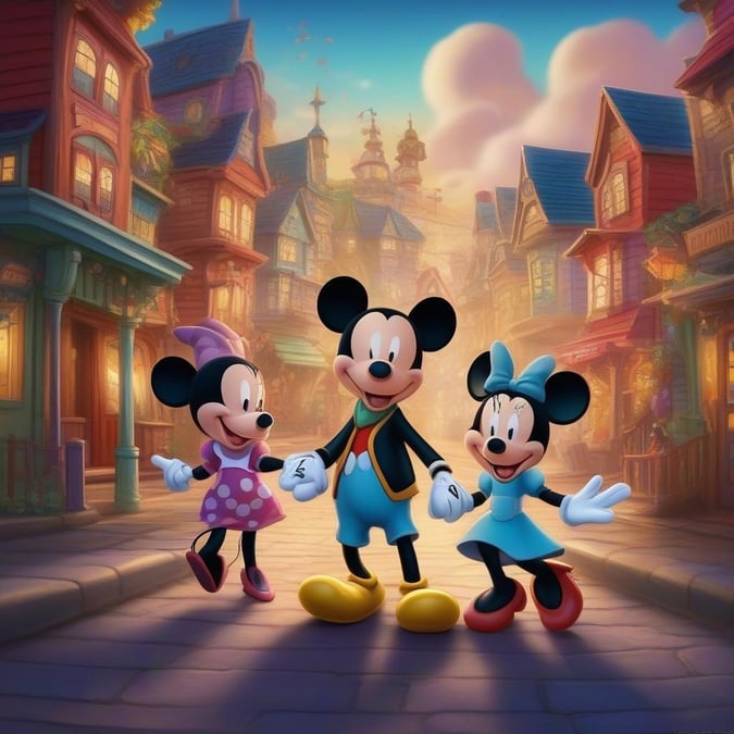 This image features beloved Disney characters Mickey Mouse, Minnie Mouse, and Donald Duck, known as Goofy. They are walking together through the iconic gates of Disneyland, surrounded by the charm of a whimsical town that embodies the spirit of the theme park. The scene captures a moment of joy and nostalgia for fans of all ages who have grown up with these characters.