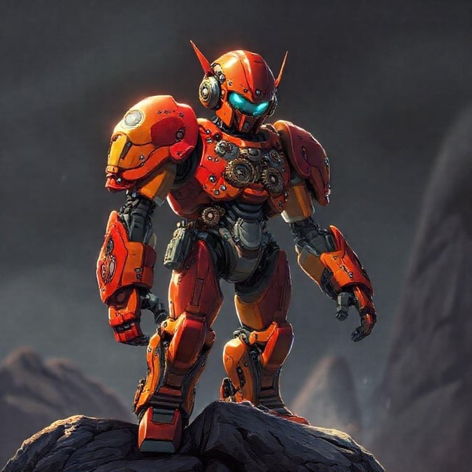 A detailed digital illustration of a robotic robot, dressed in steampunk attire, standing on a rocky outcrop. The robot's vibrant red and orange armor, with intricate gears and cogs, adds a whimsical touch to the scene. The background is a blurry, dark gray, creating a sense of depth and mystery.