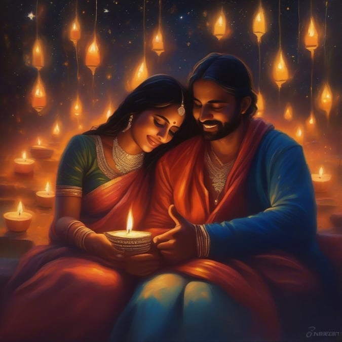 A couple enjoying the warmth of Diwali candles as they share in the joyous occasion.