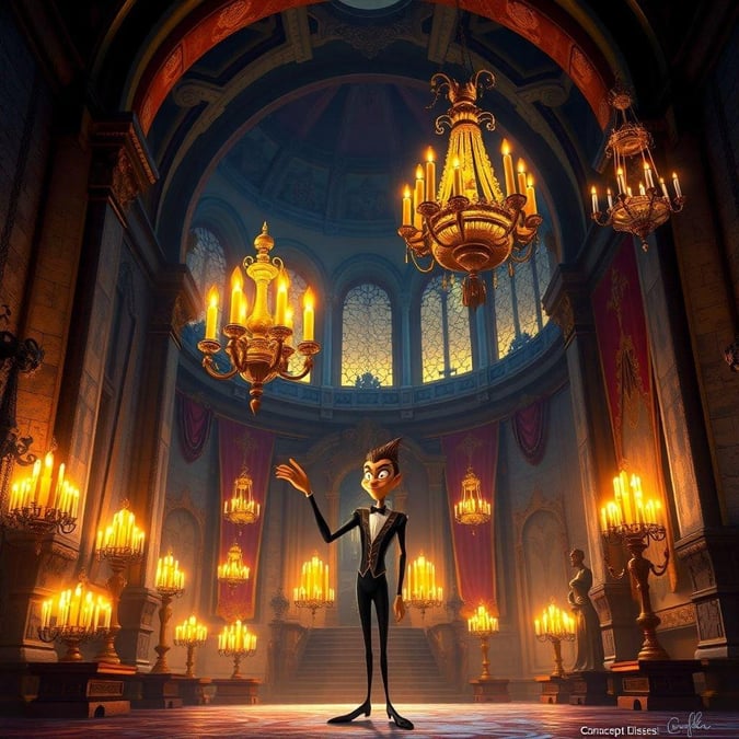 Add a touch of Disney magic to your desktop or mobile device with this stunning wallpaper featuring a Disney character in a grand, candlelit room. Perfect for fans of all ages, this wallpaper is sure to delight and inspire.