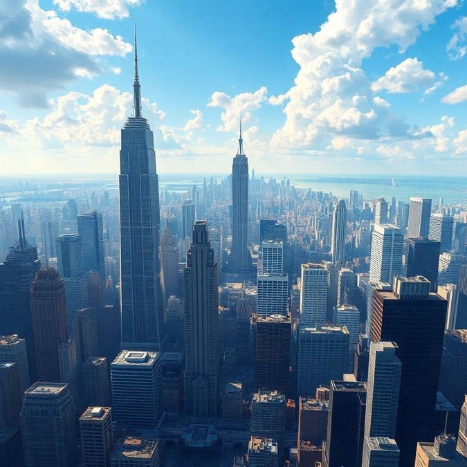 Breathtaking view from above the concrete jungle, capturing the grandeur of iconic skyscrapers against a clear blue sky.