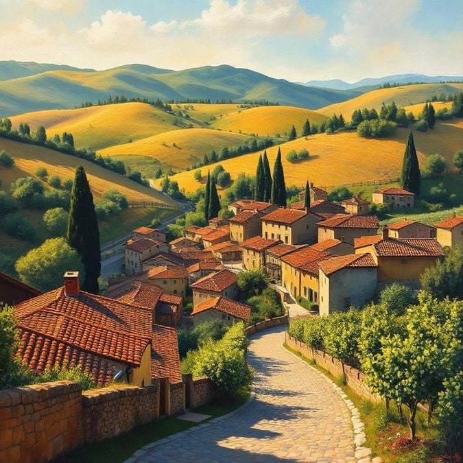 This image is a stunning depiction of a Tuscany landscape, showcasing rolling hills and a quaint village nestled among them. The scene is bathed in warm sunlight, casting a golden glow over the entire scene. The image is a beautiful representation of the natural beauty of Tuscany, with its picturesque hills and charming village.