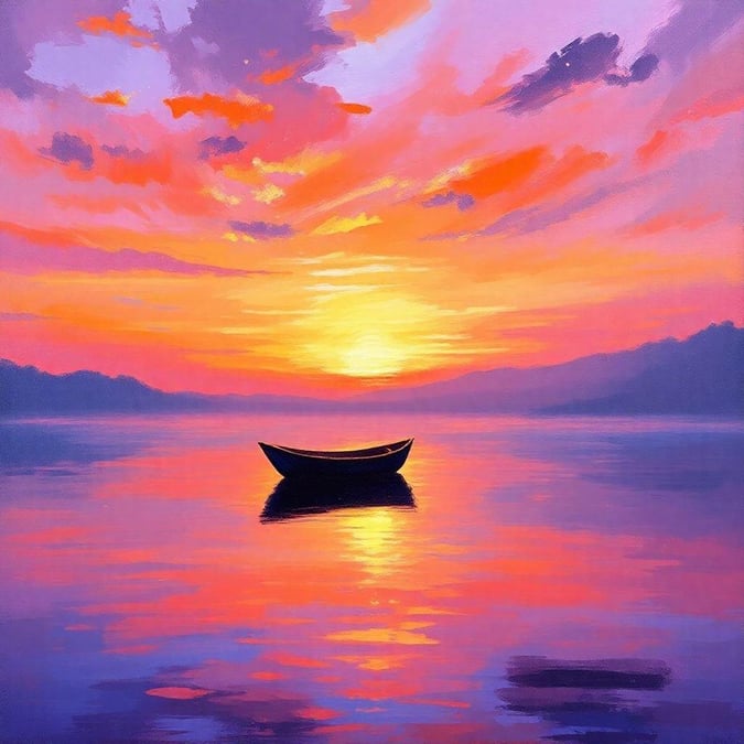 A tranquil evening scene featuring a small boat gently resting on calm waters as the sun sets in the background, bathing the sky in warm hues.