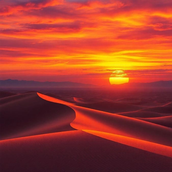 This breathtaking sunset over sand dunes is a stunning display of nature's beauty. The warm hues of the setting sun cast a golden glow over the vast expanse of sand, creating a serene and peaceful atmosphere.