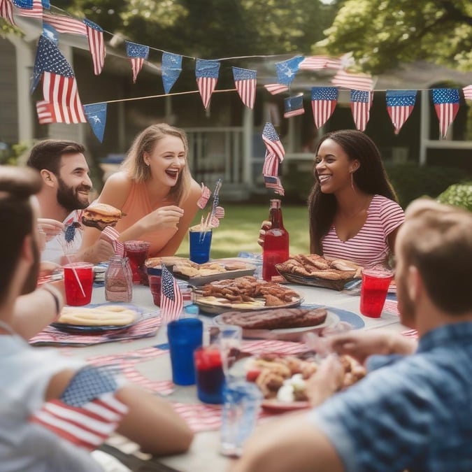 A festive Independence Day gathering with friends and family, enjoying classic American food and decorations.