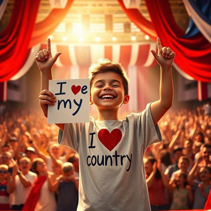 A joyful scene at an American Independence celebration. The young boy in the center is holding a sign that reads 'I Love My Country'. Surrounded by fellow patriots cheering, he represents the pride and love for his country during this festive occasion.