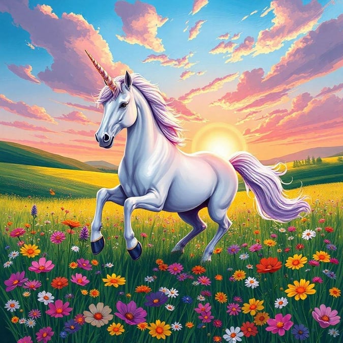 This wallpaper features a majestic unicorn prancing through a vibrant field of flowers, creating a whimsical and enchanting scene that is sure to delight fans of fantasy creatures.