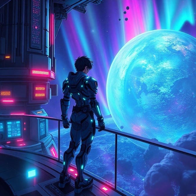 A young astronaut stands on the edge of space, gazing at a beautiful cosmic vista. The futuristic setting is awash with blues and purples, capturing the otherworldly essence of science fiction.