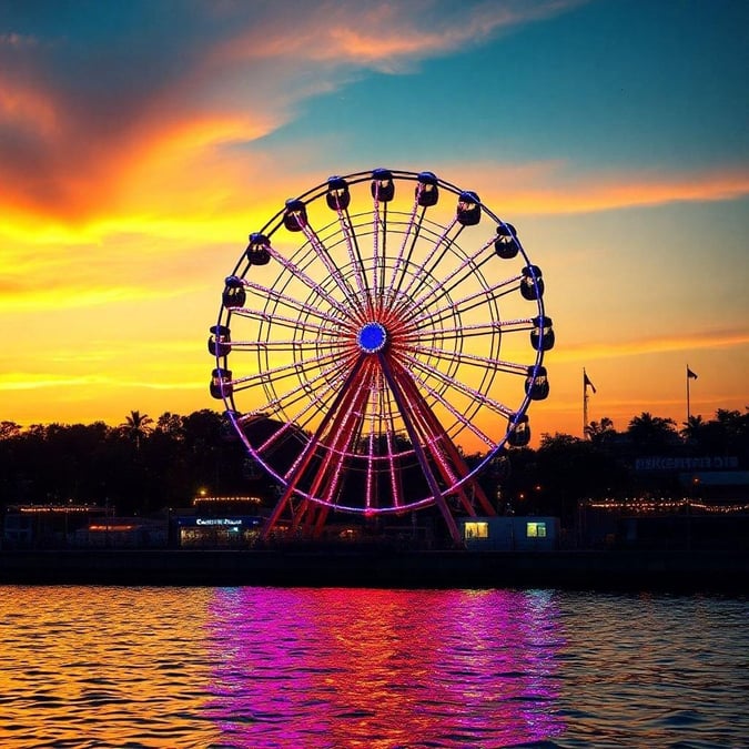 This vibrant wallpaper captures the essence of a carnival at sunset, with a Ferris wheel standing tall against a backdrop of a breathtaking sunset. The image exudes a sense of fun and excitement, perfect for those who love the thrill of a carnival.