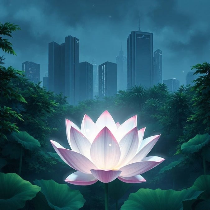 A vibrant anime illustration brings an ethereal lotus flower to life amidst a futuristic cityscape of tall skyscrapers. The radiant bloom, floating serenely on the surface of the water, is the central focus, illuminating the surrounding foliage and buildings with its otherworldly glow. This wallpaper blends elements of nature's tranquility with the urban jungle's bustling energy, creating a unique ambiance for desktop and mobile use.