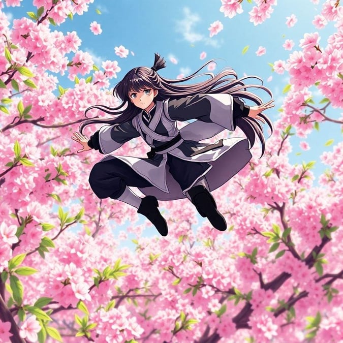 This anime wallpaper features a young ninja girl in mid-air, surrounded by the vibrant colors of cherry blossoms and green leaves.