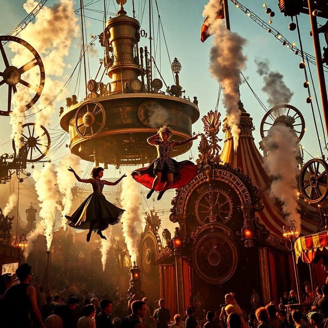 Step right up and experience the thrill of the carnival with this stunning wallpaper featuring a steampunk-inspired scene of a woman in a red dress and a man in a top hat flying through the air amidst a backdrop of steam-powered machinery and clockwork contraptions.