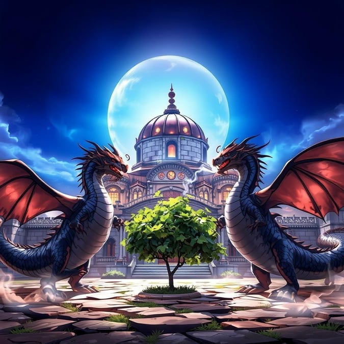 Dieses atemberaubende Anime-Hintergrundbild zeigt vier Drachen, die um einen majestätischen Palast tanzen, vor einem lebhaften blauen Himmel. Die steinerne Struktur des Palastes und die große Kuppel mit einer kleineren Kuppel oben schaffen eine auffällige Kulisse für die dynamische Pose der Drachen.