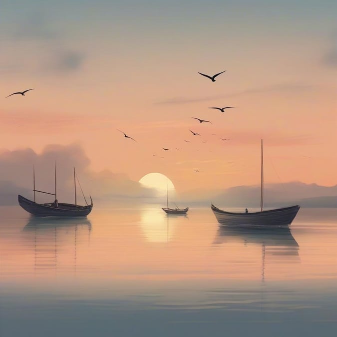 A tranquil evening scene with boats gently floating, seagulls in flight, and a full moon rising. The calm ocean reflects the soft sunlight as day transitions to night.