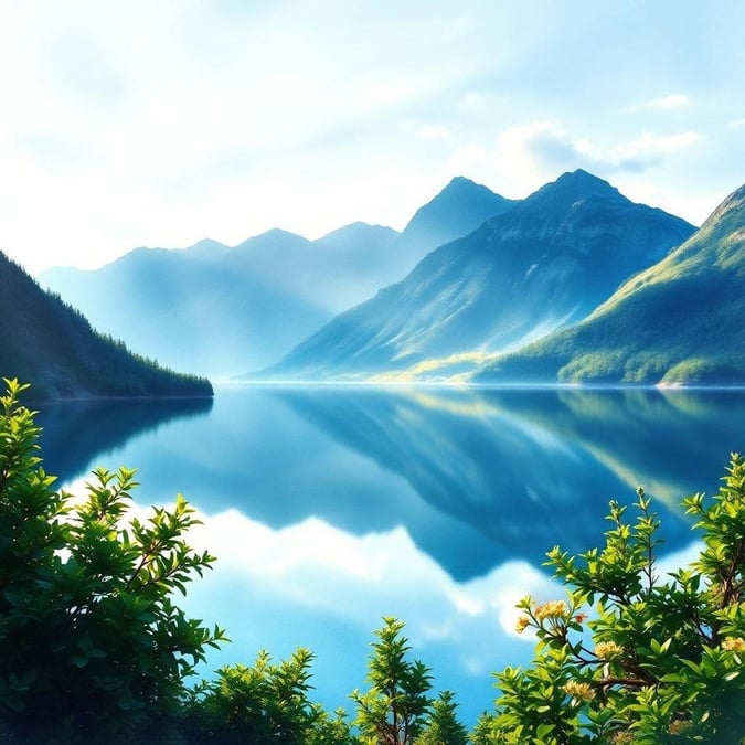 Immerse yourself in the tranquility of this breathtaking 3D art wallpaper, featuring a majestic mountain lake under a brilliant blue sky.