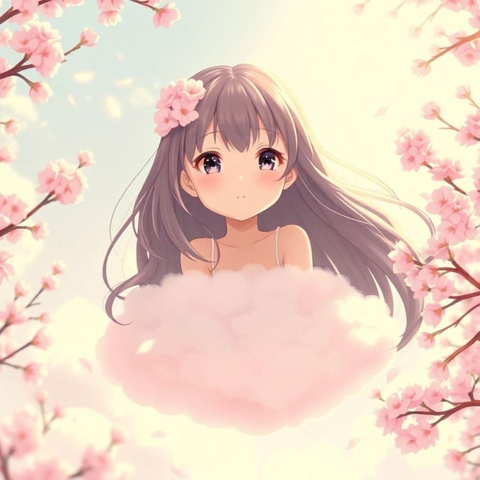 A serene anime-style scene featuring a young girl floating on a cloud, surrounded by cherry blossom trees, capturing a moment of tranquility.