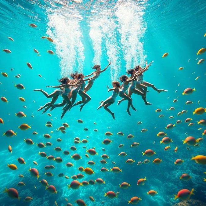 Dive into the world of synchronized swimming with this stunning wallpaper featuring a group of women performing an underwater ballet. The vibrant colors and dynamic poses create a mesmerizing scene that's perfect for anyone who loves the ocean or the art of synchronized swimming.