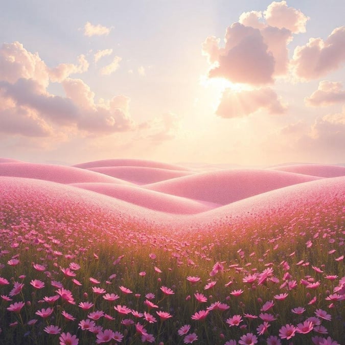 A serene sunset over a field filled with pink flowers, creating a tranquil atmosphere. This wallpaper is perfect for desktop and mobile devices.