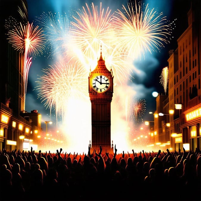 A lively scene at Big Ben with fireworks lighting up the night sky, marking the start of a new year. Festive celebrations fill the streets as people come together to ring in 20XX.