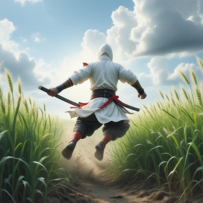 Dieser atemberaubende Anime-Hintergrund zeigt einen Ninja-Assassinen, der durch ein Feld mit hohen Gräsern springt, vor einem strahlend blauen Himmel mit Kumuluswolken. Der weiße Körper des Assassinen mit einem rot-weißen Muster auf Kopf und Rücken ist perfekt in der Luft eingefangen, mit ausgestreckten Armen und gespreizten Beinen hinter ihm.