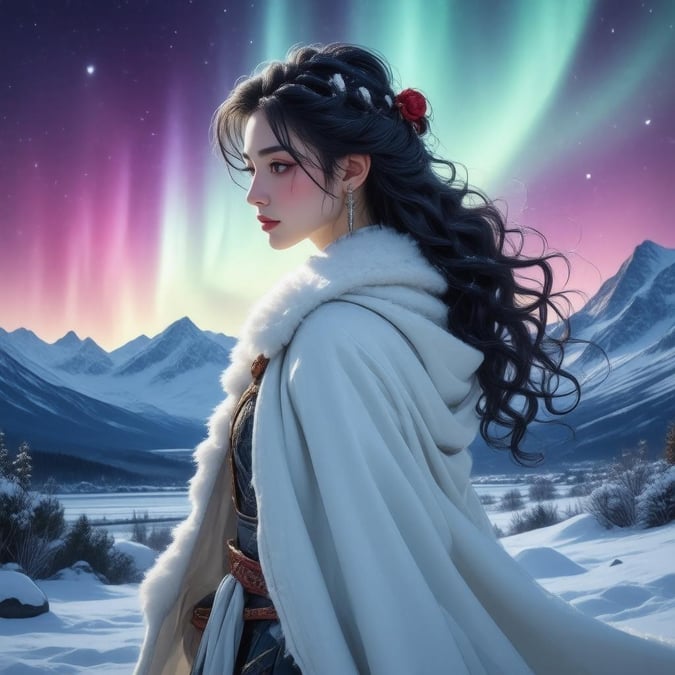 Experience the breathtaking beauty of Yuki, a fierce woman in a snow-like cloak, set against the stunning backdrop of the aurora borealis. This digital illustration captures a magical moment of beauty, with vibrant colors and a sense of wonder.