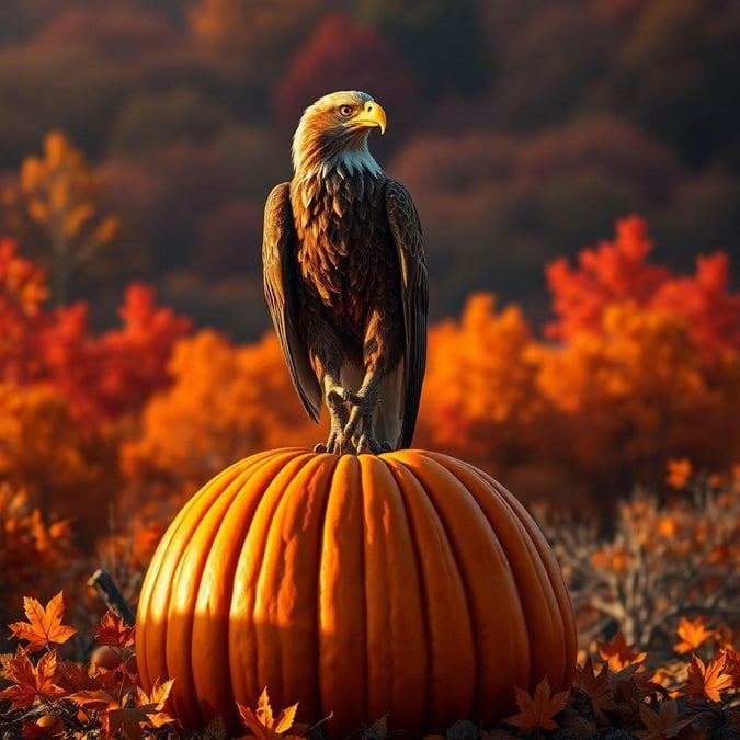 This wallpaper image features a majestic eagle perched on a pumpkin, symbolizing the spirit of Thanksgiving. The eagle, a symbol of freedom and strength, is depicted in a regal pose, with its wings spread wide and its head held high. The pumpkin, a classic symbol of the harvest season, adds a touch of autumnal charm to the image. The background of the image is a warm, golden color, evoking feelings of warmth and coziness. Overall, this image is a beautiful representation of the values of Thanksgiving, including gratitude, family, and community.