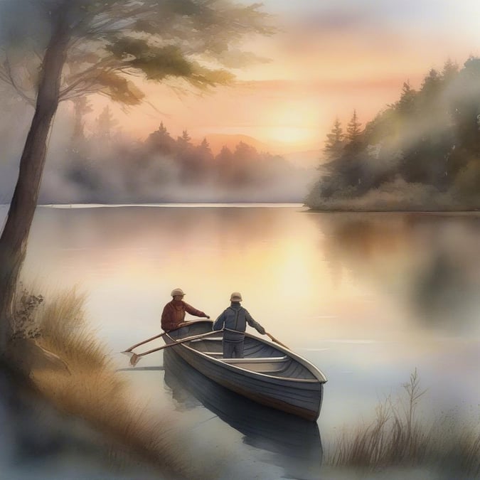 A serene and romantic scene of a couple in a boat on a lake during sunset, perfect for a wedding or anniversary celebration.