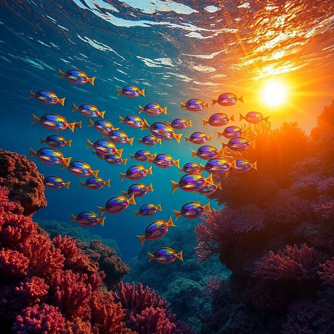 This stunning wallpaper captures the beauty of an underwater scene, with a school of fish swimming in the ocean, surrounded by coral reefs and the sun shining through the water.