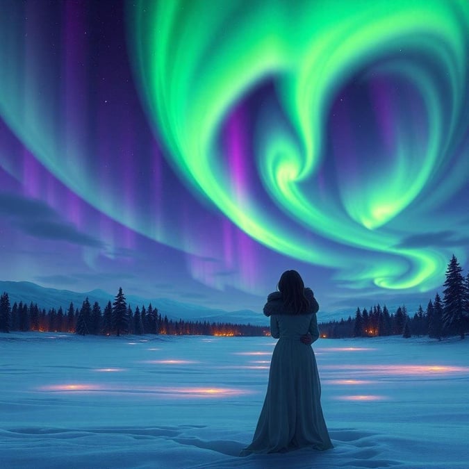 Experience the magic of the aurora borealis in this stunning winter wonderland scene, where a woman stands in awe of the breathtaking display of colorful lights.