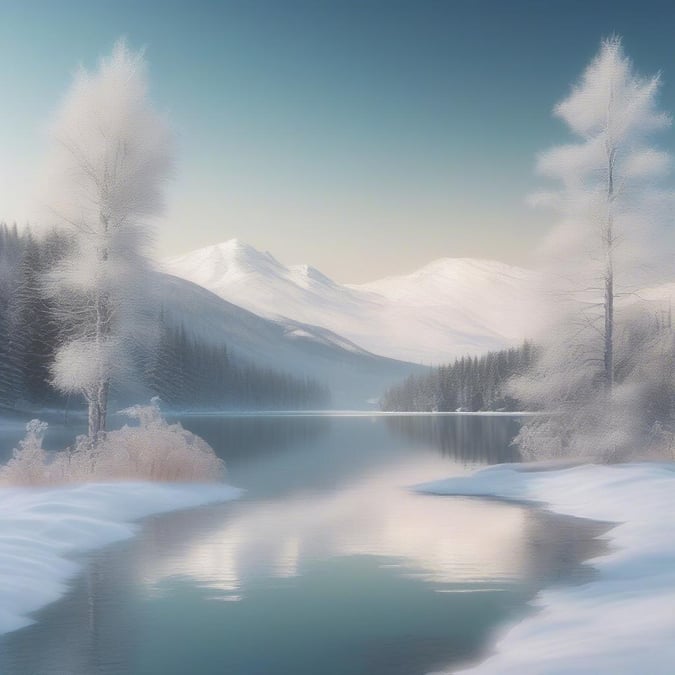 A serene winter scene featuring a frozen lake with snow-covered trees, a clear blue sky, and distant mountains. Perfect for a New Year's wallpaper to reflect tranquility and the beauty of nature.