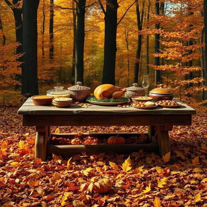 A cozy Thanksgiving scene in the woods, with a beautifully set table and a delicious feast.