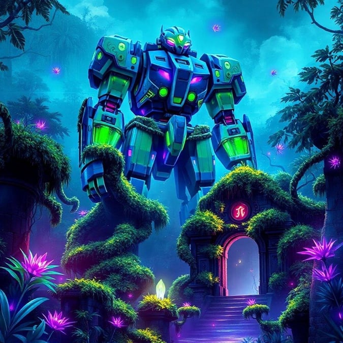 En futuristisk robot står vagt foran et gammelt tempel, omgivet af en tæt jungle med neonlys.