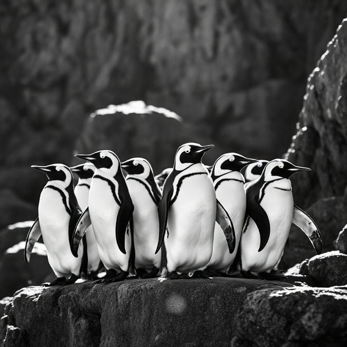 A group of black and white penguins on the rocks, with a clear sky overhead.