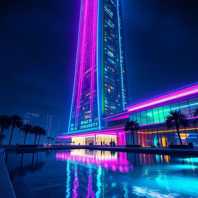 Discover the beauty of nighttime cityscapes with this captivating image featuring a high-rise building illuminated in a mesmerizing blend of neon colors. This wallpaper is perfect for adding a touch of urban charm to your desktop or mobile device.