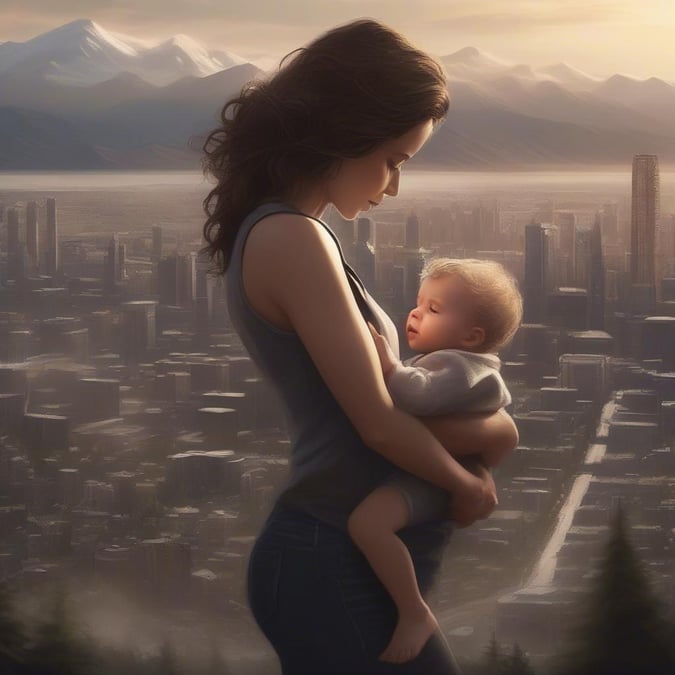 A tender moment between a mother and her baby, set against the backdrop of an urban landscape.