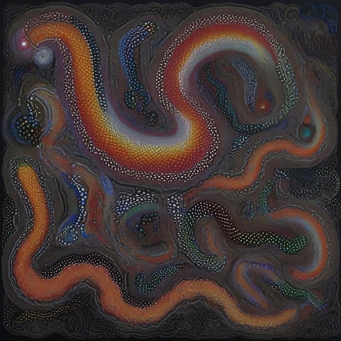 This stunning abstract painting features a dynamic snake design, created using intricate dotwork techniques. The snake's body is rendered in a gradient of warm colors, set against a deep brown background that adds depth and contrast to the piece.