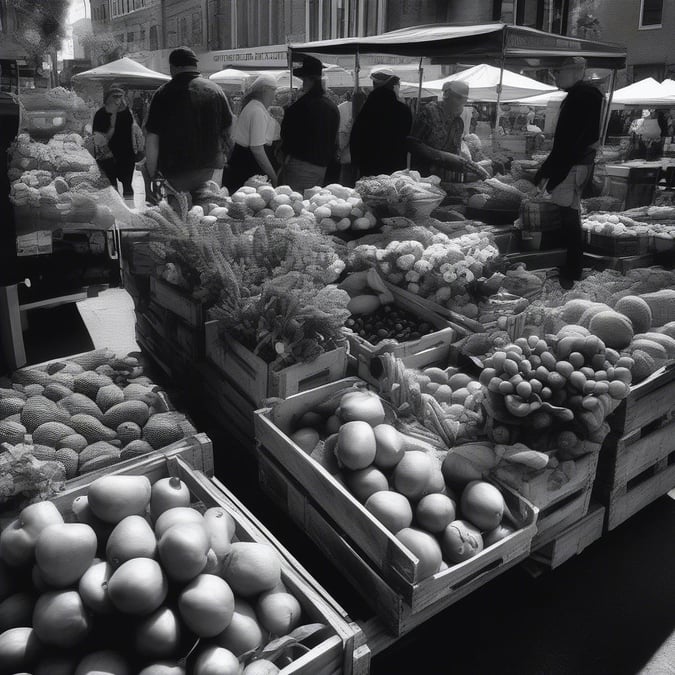 A lively farmers market scene with fresh produce and people shopping.