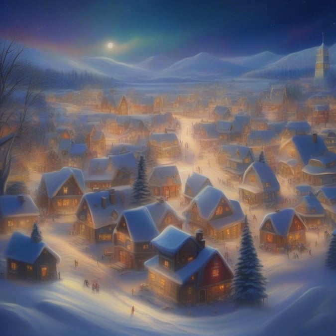 A cozy winter evening in a quaint village, where the air is crisp and the snow glistens under the starlit sky. The warm lights from festively decorated houses add a magical touch to this picturesque scene, perfect for holiday celebrations.