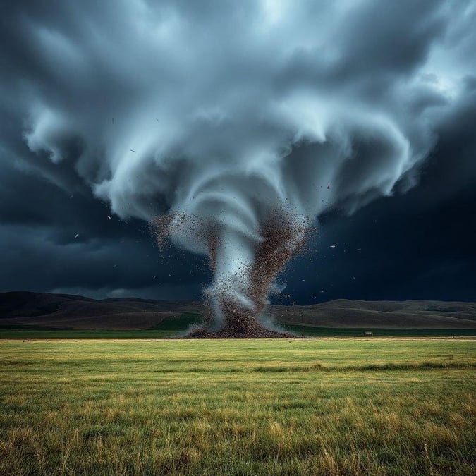 A dramatic twilight sky filled with dark, ominous clouds dominates the scene. The horizon is a stark contrast between the gray storm clouds and the greenish-brown earth below, hinting at an impending weather change. A small tornado, or dust devil, seems to be dancing in the field, adding a sense of dynamism to the serene landscape.