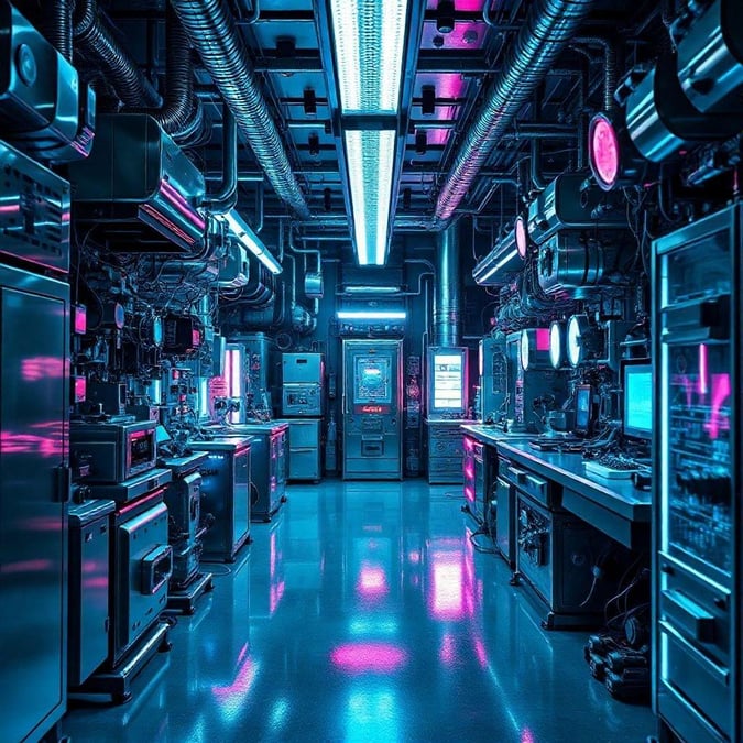 Explore an immersive, futuristic laboratory where reality meets the digital realm. This cutting-edge space is bathed in ethereal pink and blue hues, giving it a cybernetic dreamscape vibe.