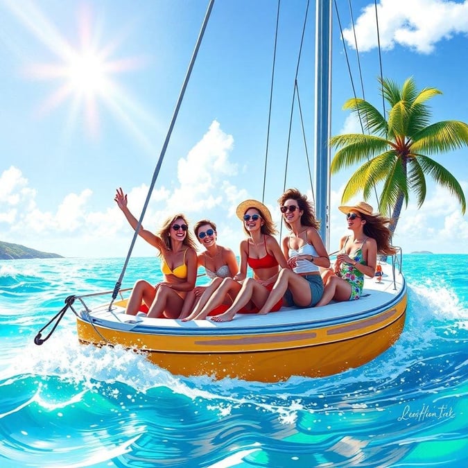 Four beautiful women in swimwear are sailing together on a tropical vacation, enjoying the sun and waves. They're waving to someone off-camera with excitement and joy.