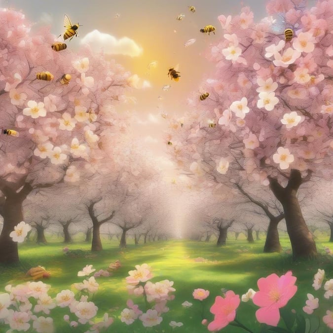 This wallpaper is perfect for welcoming the new year with a beautiful and peaceful scene. The image features a serene landscape with blooming flowers and bees flying around, creating a sense of joy and renewal.