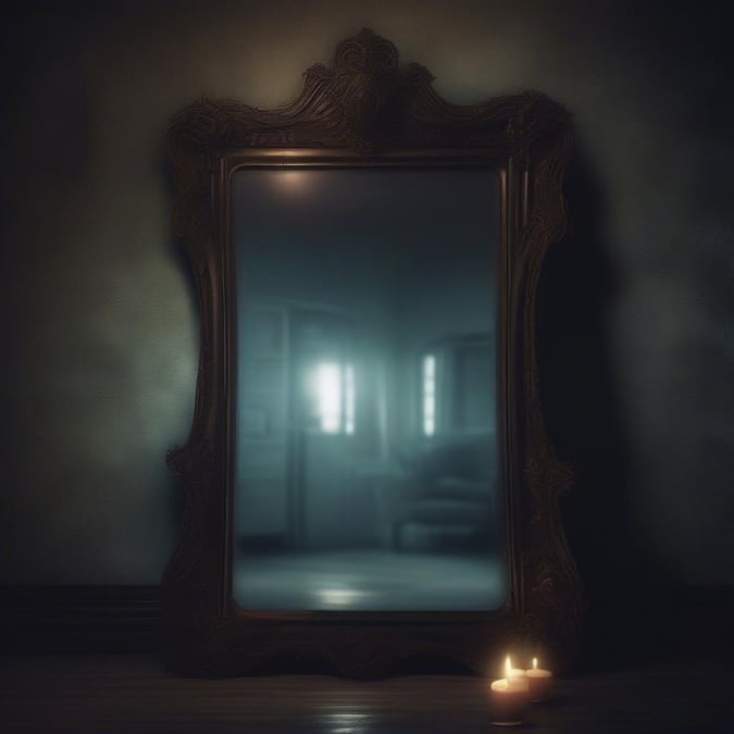 An ominous mirror in an eerie room, reflecting nothing but the dimly lit space. Perfect for setting a spooky mood on your desktop or mobile device.