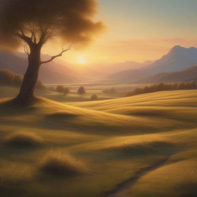 This serene digital artwork captures a vibrant meadow blooming with golden flowers, set against the backdrop of a warm sunrise. The tranquil landscape is perfect for meditation or desktop wallpaper.