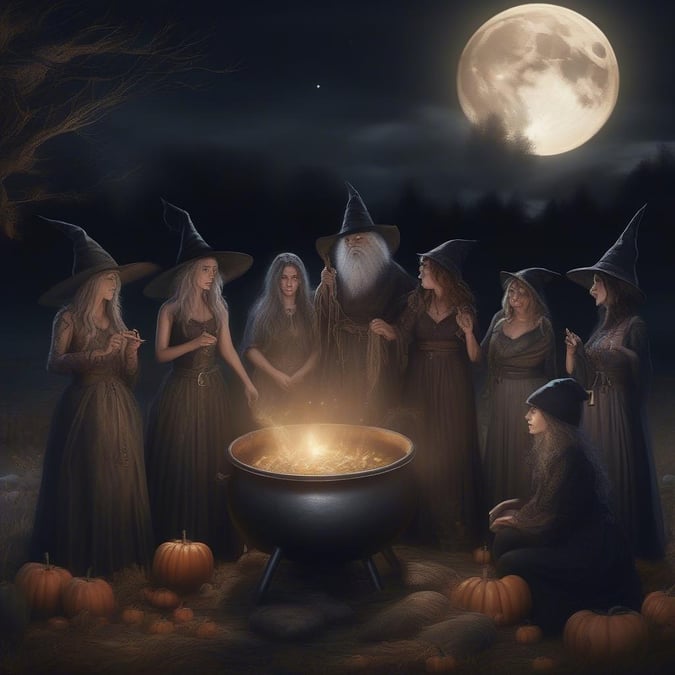 A group of witches in medieval costumes, huddled around a cauldron under a full moon, engaged in a secret ritual on Halloween night.